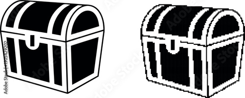 Simple black and white illustration of a treasure chest on transparent background