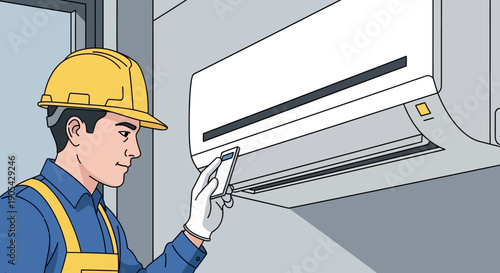 Technician adjusting air conditioner with remote in modern interior