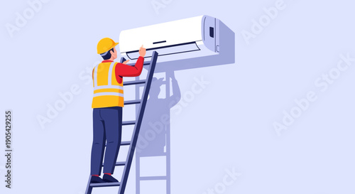 Technician installing air conditioner on ladder