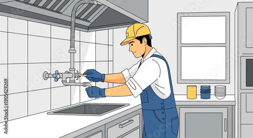 Professional plumber fixing kitchen sink in modern kitchen environment