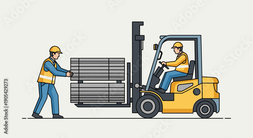 Construction worker and forklift operator moving pallets in industrial setting