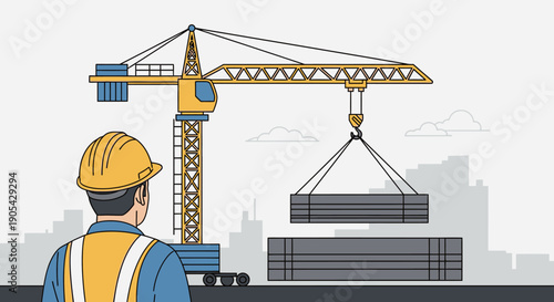 Construction site scene with crane lifting steel beams in urban cityscape