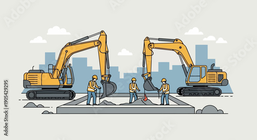 Construction site with excavators and workers in city background