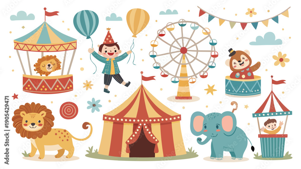 Fototapeta premium Colorful circus scene with animals rides and attractions for kids' parties and events