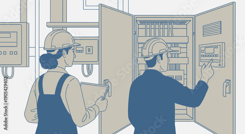 Technicians inspecting electrical control panel in industrial setting