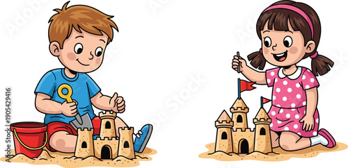 Cartoon boy and girl building sandcastles, beach playtime, summer fun, seaside activity, children playing sand, outdoor vacation, happy kids