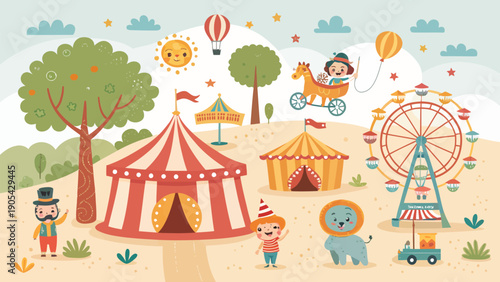 Colorful circus scene with tent ferris wheel and animals in a fun outdoor setting with people