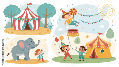 Friendly circus vector pack with kids elephant and colorful tents in a playful outdoor setting with balloons and sunshine