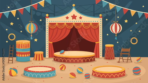 Vibrant circus stage with red curtains colorful balloons and confetti festive banners and playful beach balls on a round platform