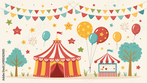 Vibrant circus party decoration with red and yellow tents balloons bunting and stars festive background