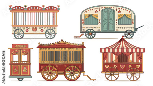 Vintage colorful circus wagons and transport vehicles vector collection carnival rides and attractions