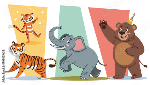 Colorful circus animals vector illustration with tiger elephant bear and festive party hats