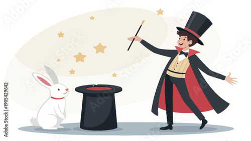 Magician with top hat and wand performing magic trick with white rabbit emerging from hat