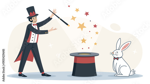 Magician in top hat and coat performs magic trick with white rabbit