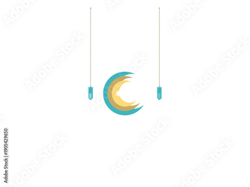 Ramadan-themed lantern with Islamic crescent moon design suspended between two clips, isolated on a clean white background