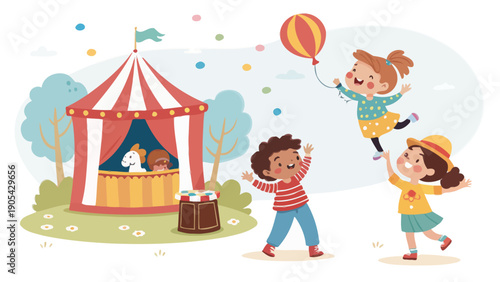 Children playing at colorful circus with tent kids watching show and having fun outdoors