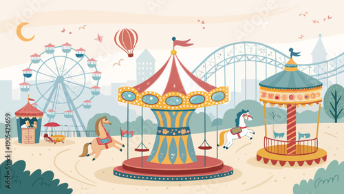 Colorful carousel horses spinning at a lively amusement park with ferris wheel and roller coaster in background at dusk