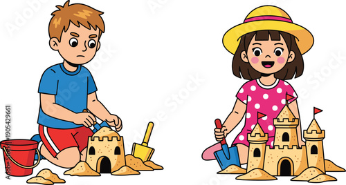 A smiling cartoon vector illustration of a happy boy and girl playing with their funny pet dog, capturing a fun childhood moment of children and their family animal
