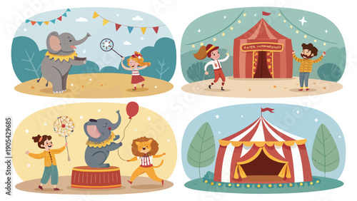 Colorful circus performance vector illustrations kids and animals at the fairground tent and show