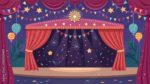 Vibrant cartoon circus stage with red curtains starry night sky background festive banners and balloons colorful confetti