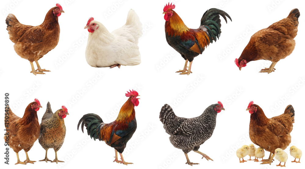 Fototapeta premium set of a chicken in different poses, standing, walking and with chicks isolated on a transparent background