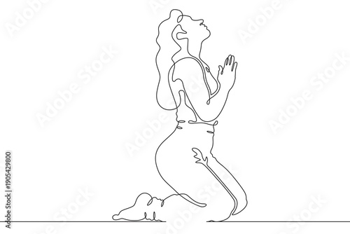 Wallpaper Mural Continuous single line drawing woman praying. Beautiful woman praying on her knees. Faith. Religion. Linear.One continuous line isolated minimalist illustration. Not AI. Torontodigital.ca