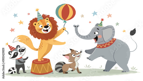 Circus animals in party hats playing together with balloons and stars