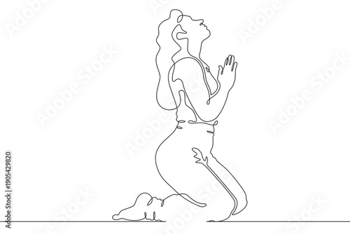 Wallpaper Mural Continuous single line drawing woman praying. Beautiful woman praying on her knees. Faith. Religion. Linear.One continuous line isolated minimalist illustration. Not AI. Torontodigital.ca