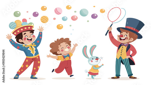 Kids circus characters vector set with juggler magician and rabbit performing fun tricks together outdoors