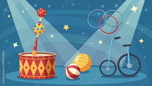 Vibrant circus props on stage with spotlight juggling balls clubs rings and unicycle