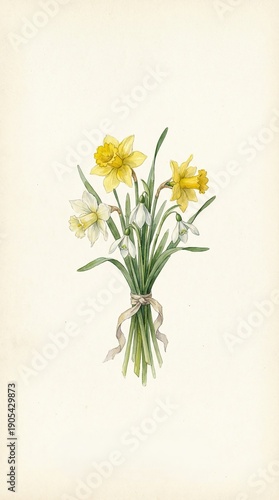 Flowers elements in watercolor and ink style isolate on white background Beautiful Hand-painted Daffodil and Snowdrop Flower Bouquet