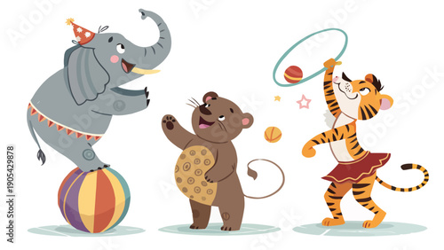 Circus animals vector collection elephant on ball bear juggling tiger with hoop