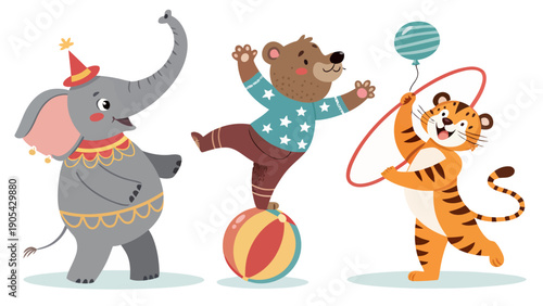 Cartoon circus animals performing tricks elephant bear tiger party hat balloons colorful illustration