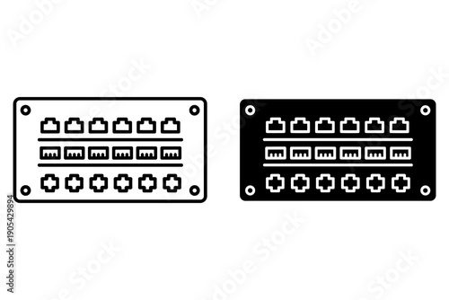 Network Patch Panel with RJ45 Ports, Connectivity, IT Infrastructure, Data Center, Technology Icons