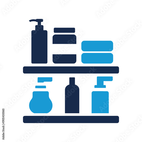Bathroom shelf displaying toiletries and towels with different bottles and jars