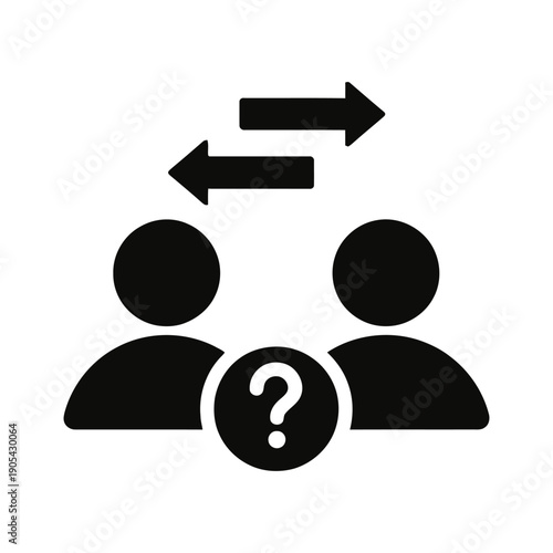 Black icon representing two people with a question mark between them and arrows indicating exchange or communication