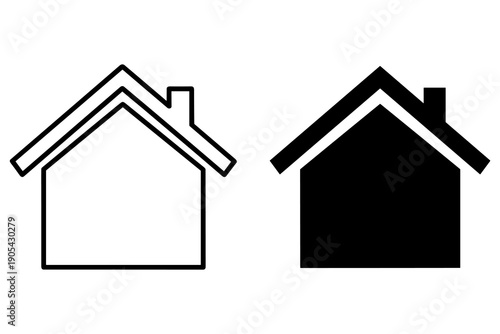 Simple black house icons with chimney on white background, outline and filled styles