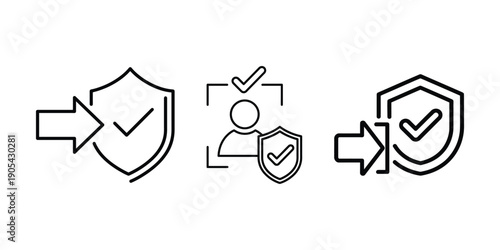 Set of three security and verification icons featuring shields with checkmarks and arrows signifying access