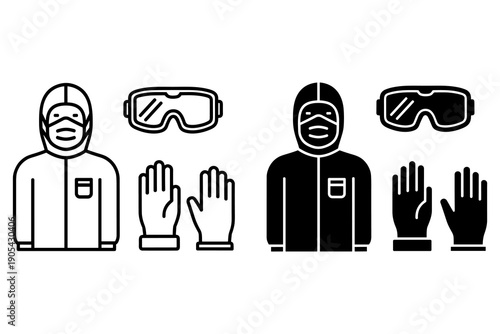 Protective Suit, Goggles, and Gloves Icons for Safety Gear in White and Black