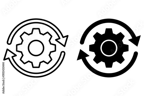 Gear icons with circular arrows symbolizing rotation and mechanical process
