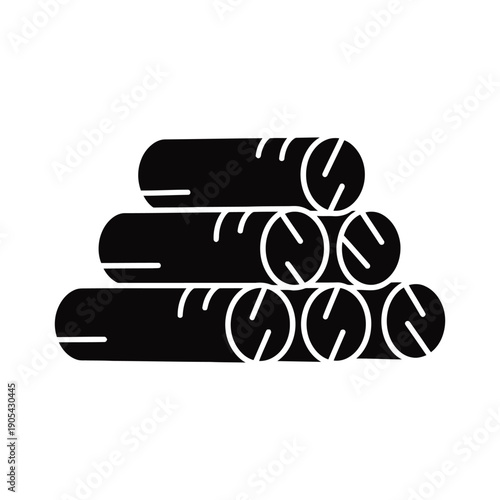 Stacked bundle of black logs with visible wood grain detail isolated on a white background