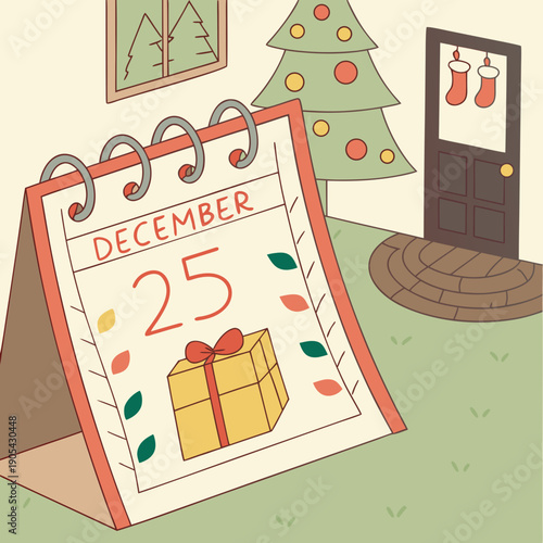Illustration of a christmas themed room with a calendar showing december twenty fifth date and a gift