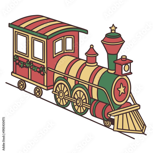 Illustration of a christmas toy train with red and yellow stripes and green accents on white background