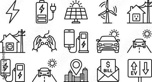 Electric vehicle charging icons, solar panels, wind energy, battery storage, smart home power, sustainable city transport, green electricity utility bill, EV.