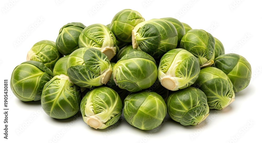 Fototapeta premium Pile of Fresh Brussels Sprouts Isolated on a White Background, Healthy Green Vegetable