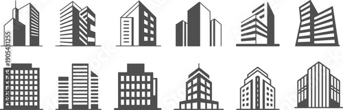 Flat vector icons of modern buildings, high‑rise offices, residential towers, commercial structures, architecture, urban planning, real estate, city design illustration