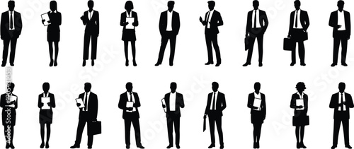 Flat vector silhouettes of business professionals in formal attire holding briefcases documents devices corporate teamwork illustration design for Adobe Stock