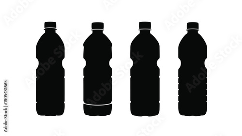 Four black plastic bottles aligned in a row a minimalist silhouette