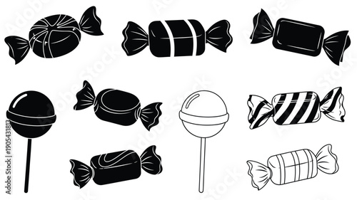 Black and white candy assortment in a stark silhouette
