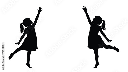 Two young girls joyfully dancing with arms raised black silhouette